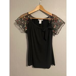 Vintage Emma & Olive Womens Top Small Black Floral Embroidered Sleeve Whimsigoth